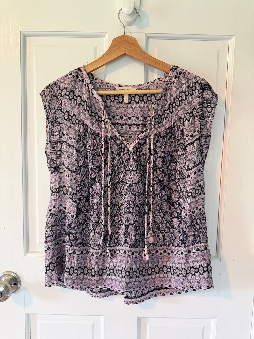 Rebecca Taylor Lavender and Black Printed Tie-Front Blouse